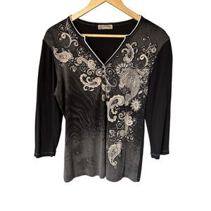 Blue Canyon Black Paisley 3/4 Sleeve Henley size XL Y2K Whimsygoth